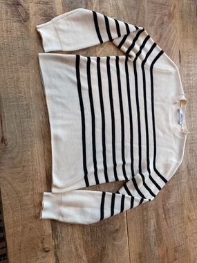 Mango Cream Crewneck Sweater with Black Stripes